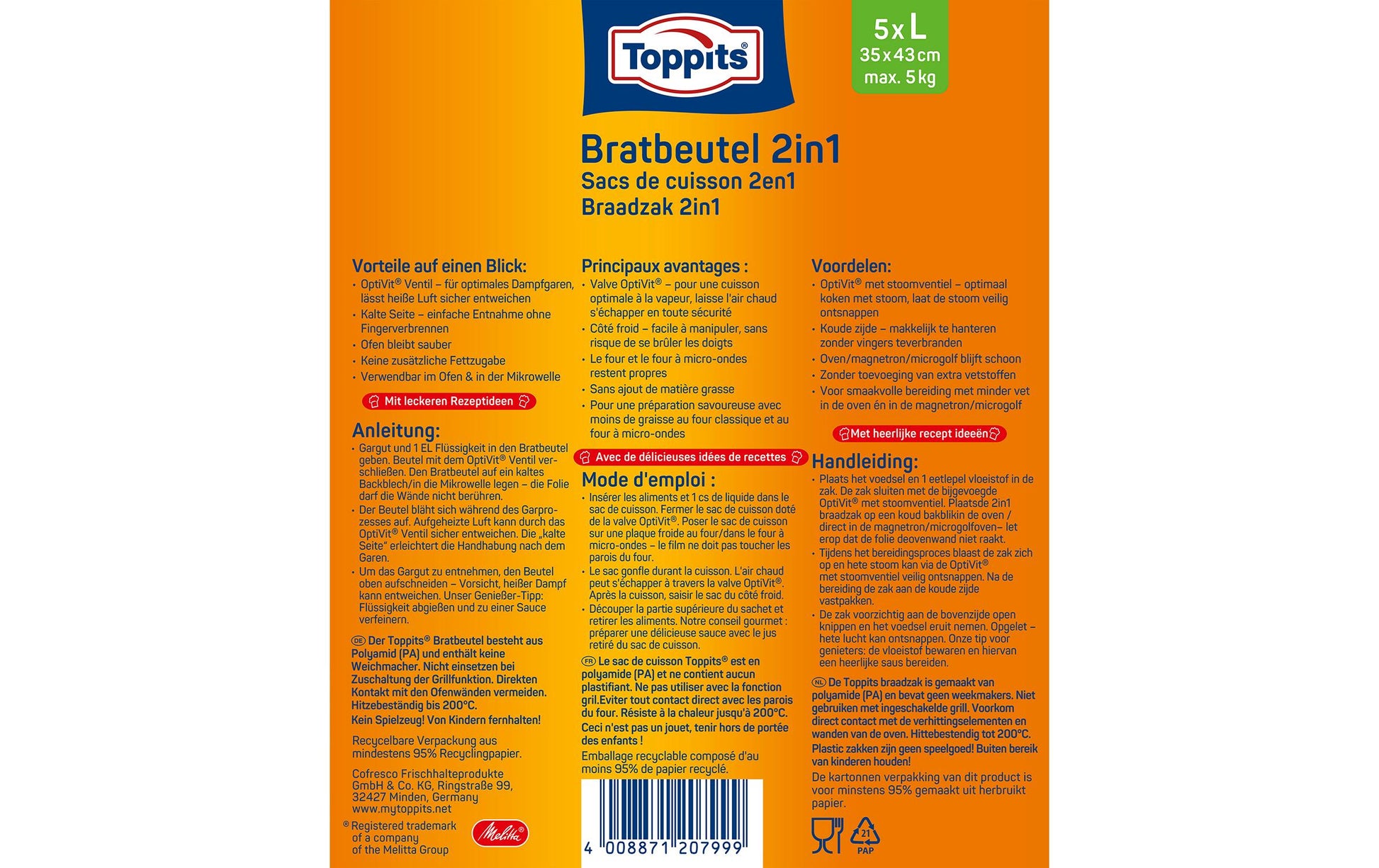 Toppits Bratbeutel 37 × 43 cm, 5 Stk., Kunststoff, mikrowellenfest, mit OptiVit-Ventil