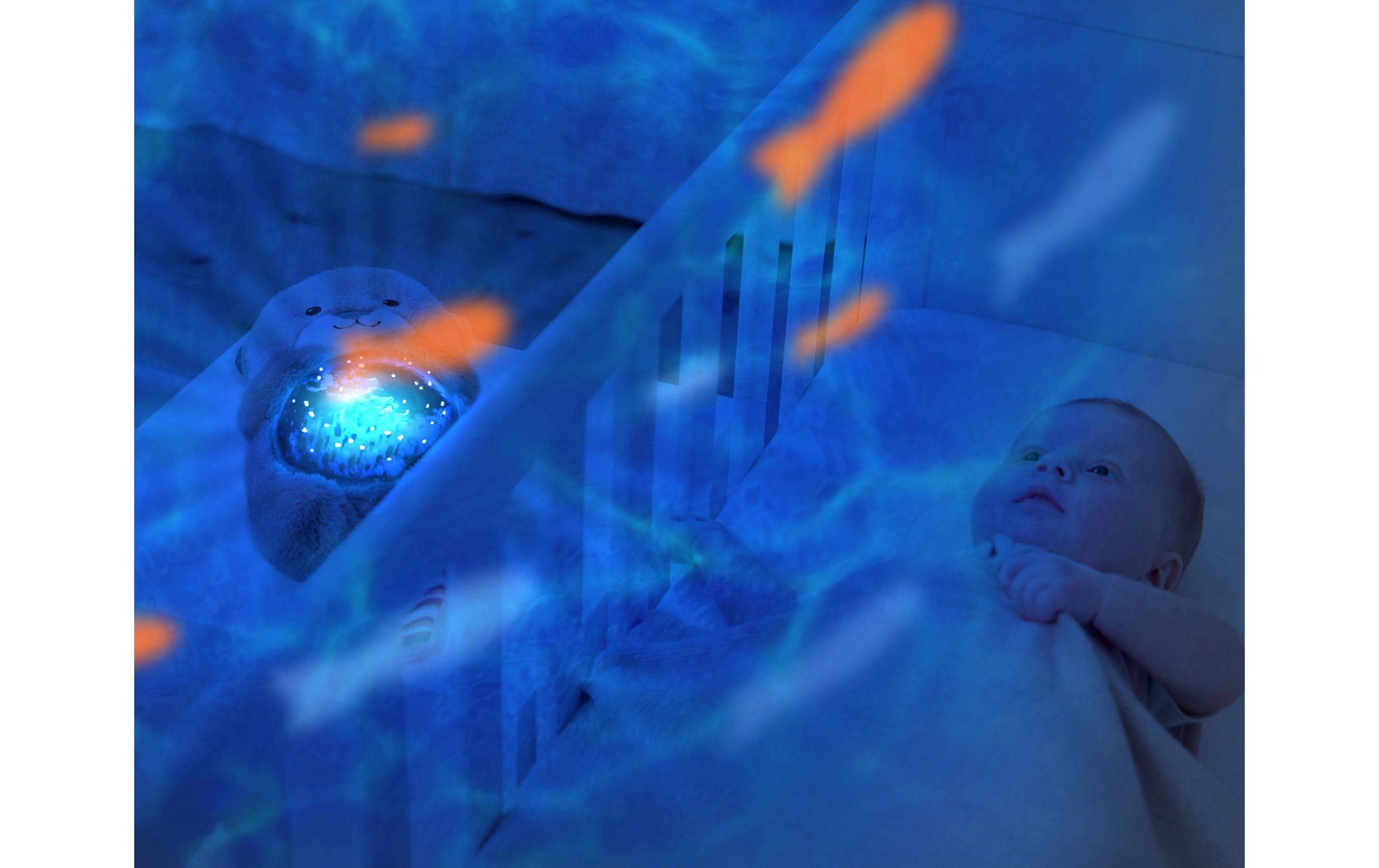 ZaZu Nachtlicht Ocean Projektor – blau, batteriebetrieben, Abschaltautomatik, fest verbaute LED, grau/beige