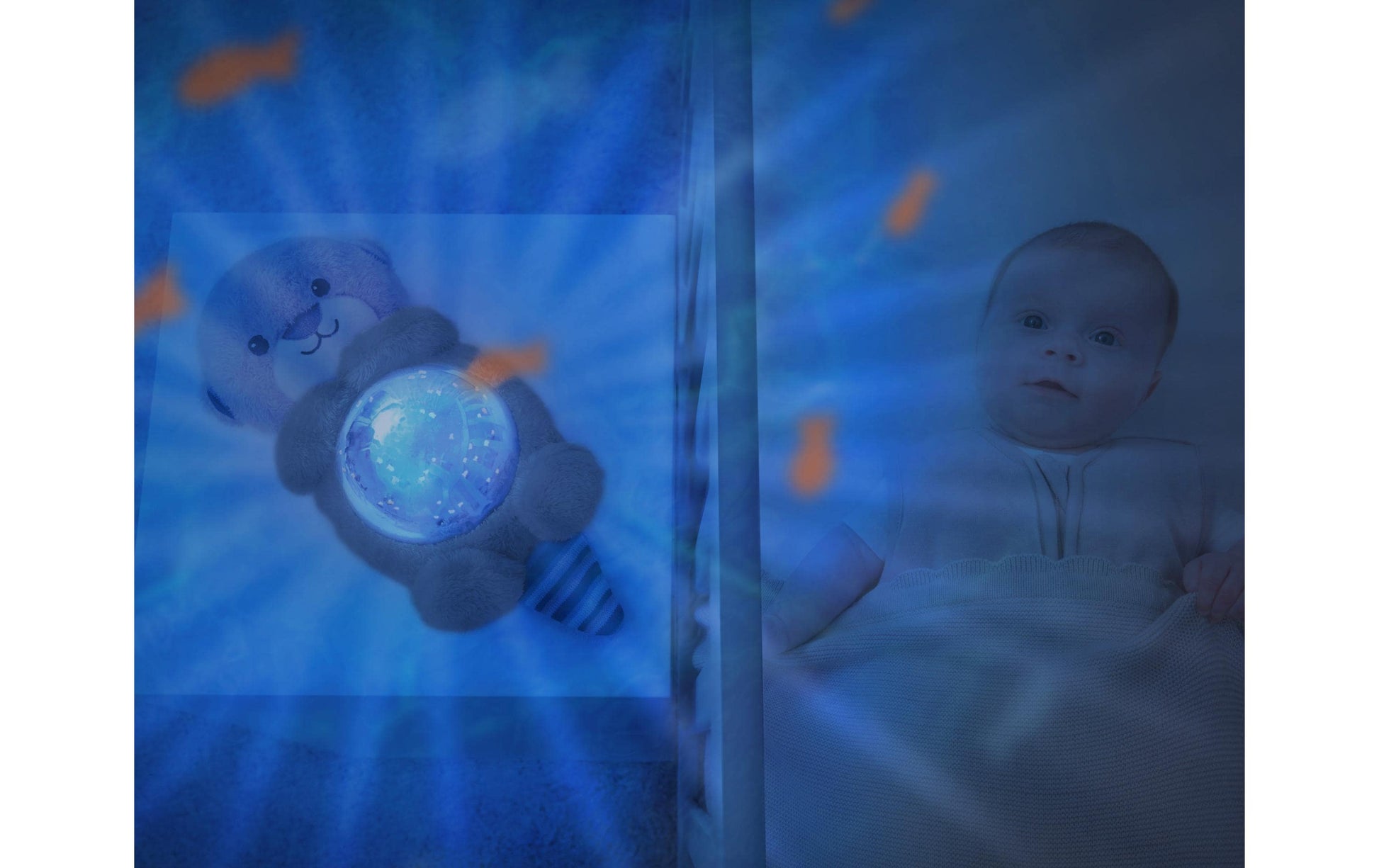 ZaZu Nachtlicht Ocean Projektor – blau, batteriebetrieben, Abschaltautomatik, fest verbaute LED, grau/beige