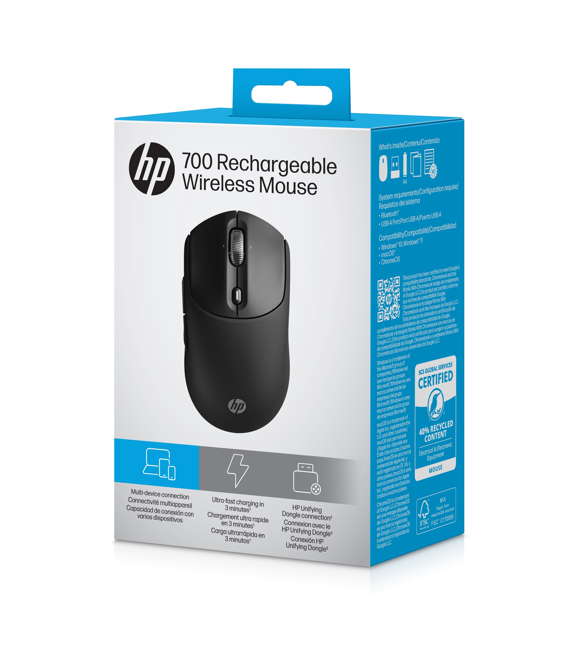 HP 700 – Maus – Kabellos (Bluetooth/2,4 GHz), 6000 DPI, beidhändig, Schwarz