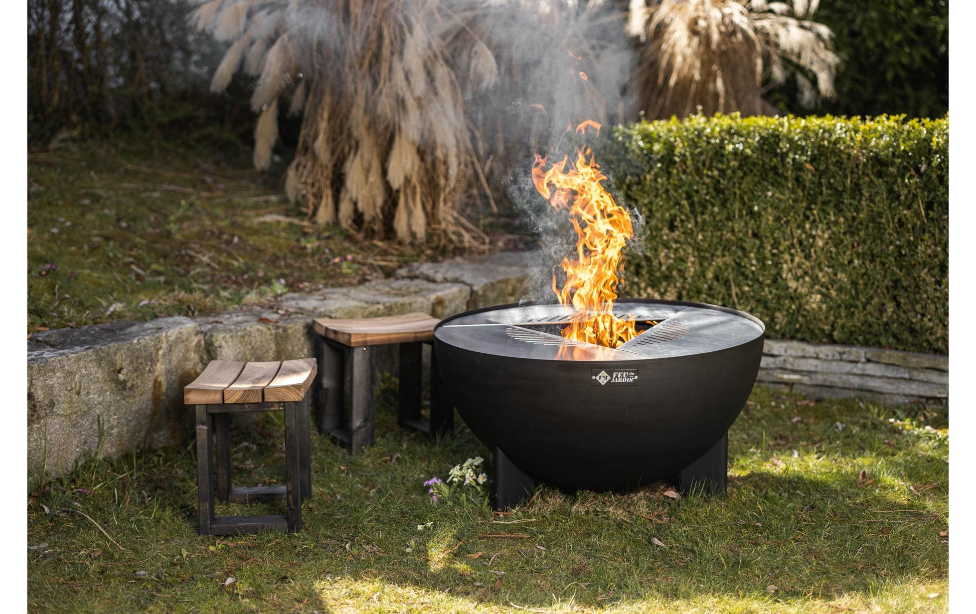 Feu Du Jardin Feuerschale – Ø 98 × 53 cm – Edelstahl, Schwarz, Abnehmbare Platte