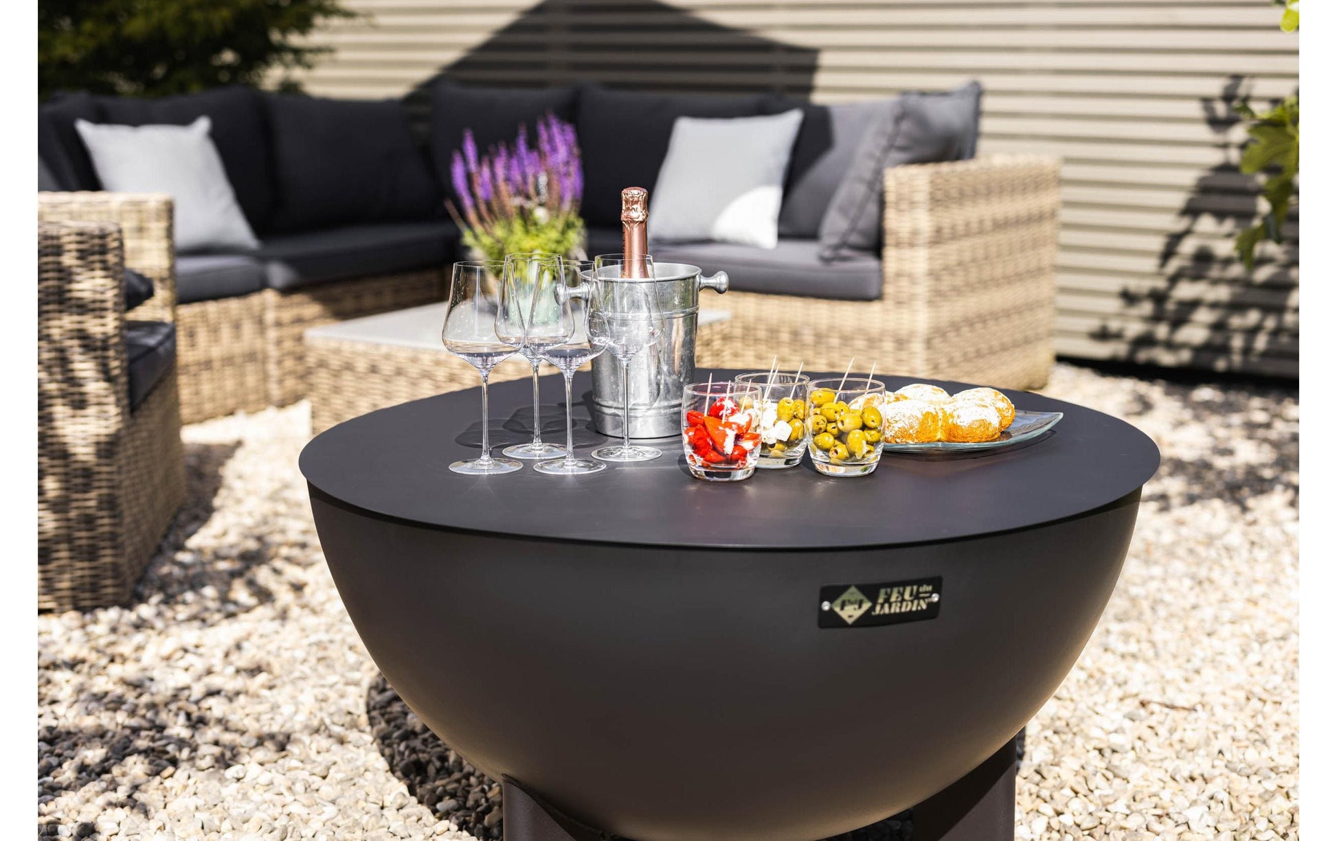 Feu Du Jardin Feuerschale – Ø 98 × 53 cm – Edelstahl, Schwarz, Abnehmbare Platte