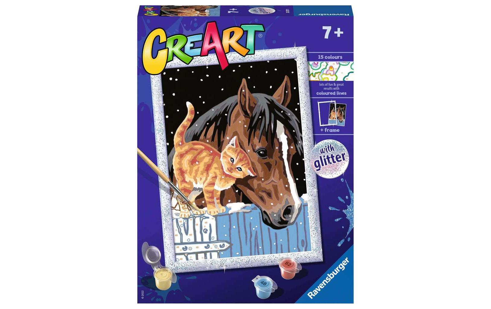 Ravensburger MnZ Serie D Stable Friends Einzel-Ausmalbild – Tiere, Farben & Pinsel inklusive, Glitzer – ab 7 Jahren