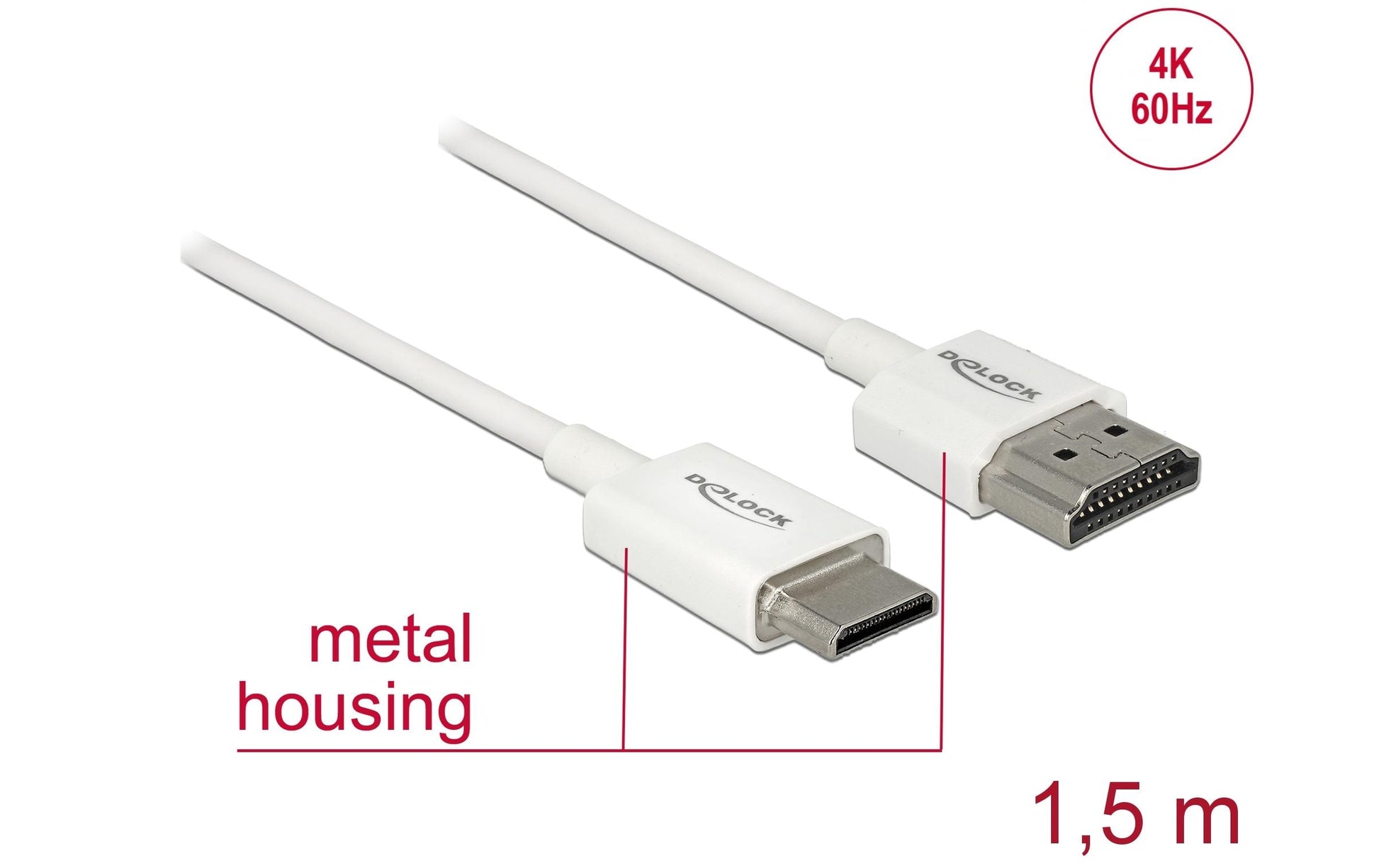 DeLOCK Mini-HDMI auf HDMI Kabel HDMI 2.0 4K 60 Hz – 1,5 m – ARC, Ethernet – Weiss
