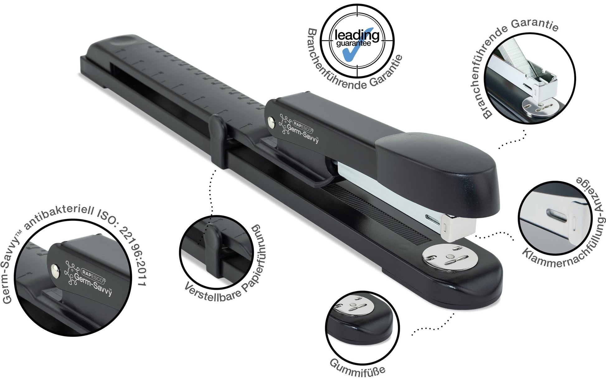 Rapesco Marlin Langarm Heftgerät – 25 Blatt, Flat Clinch, Schwarz