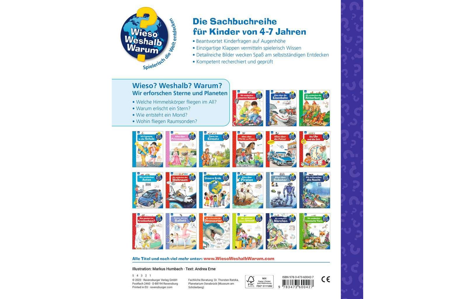 Ravensburger Buch – WWW59: Wir erforschen Sterne und Planeten, Spiralbindung, 16 Seiten, Deutsch, 4–7 Jahre