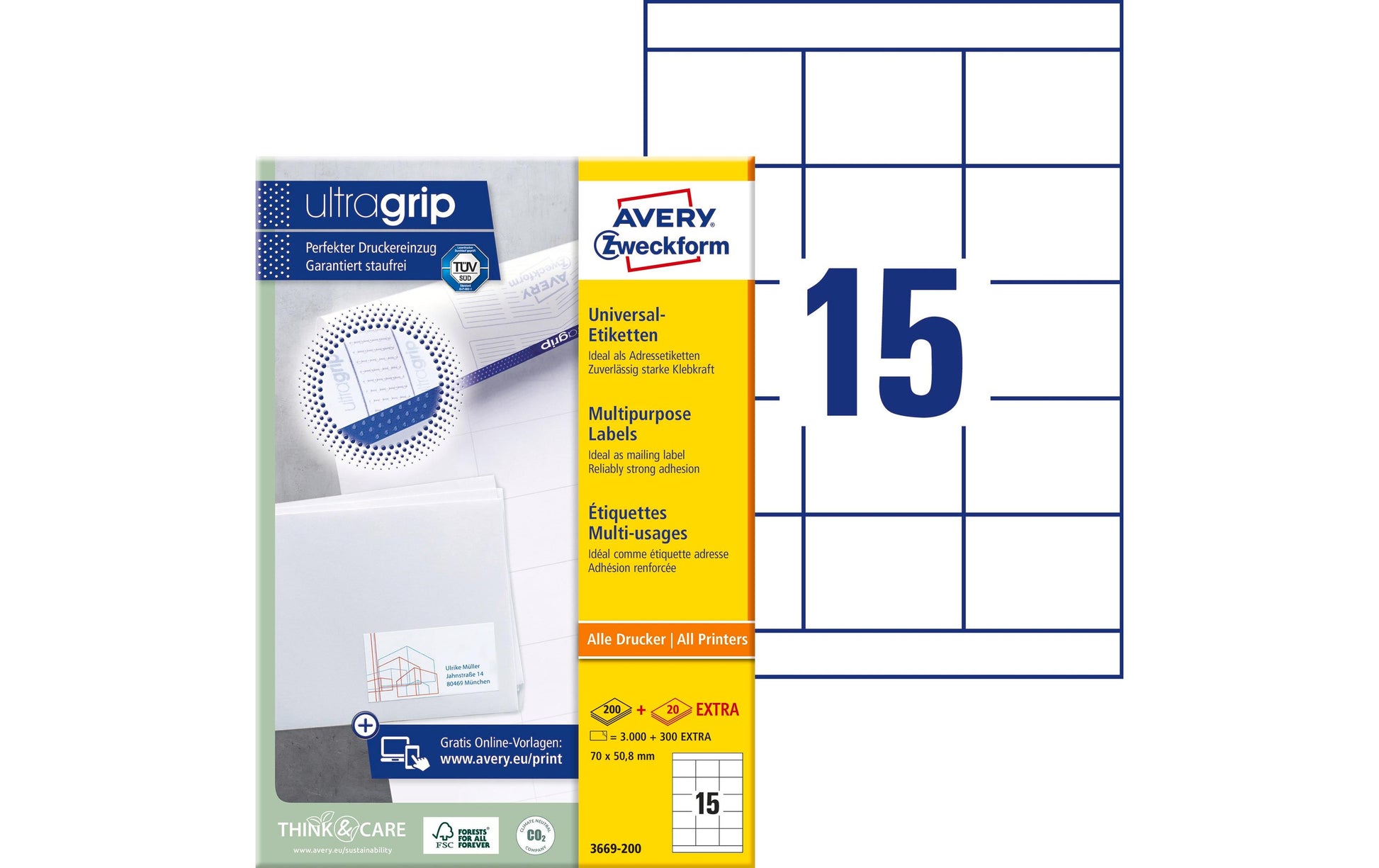 AVERY Zweckform Universal Schuletiketten – 70 × 50,8 mm, 3000 Stk, 200 Bogen, Papier, permanent haftend