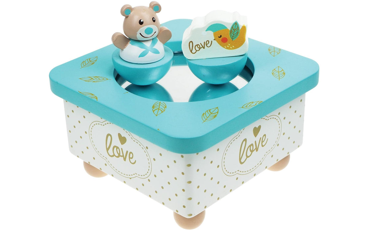 Spielba Holzspielwaren Musikdose Golden Bär – Schlaflied – 12,0 × 8,0 × 12,0 cm – Holz, blau – FSC
