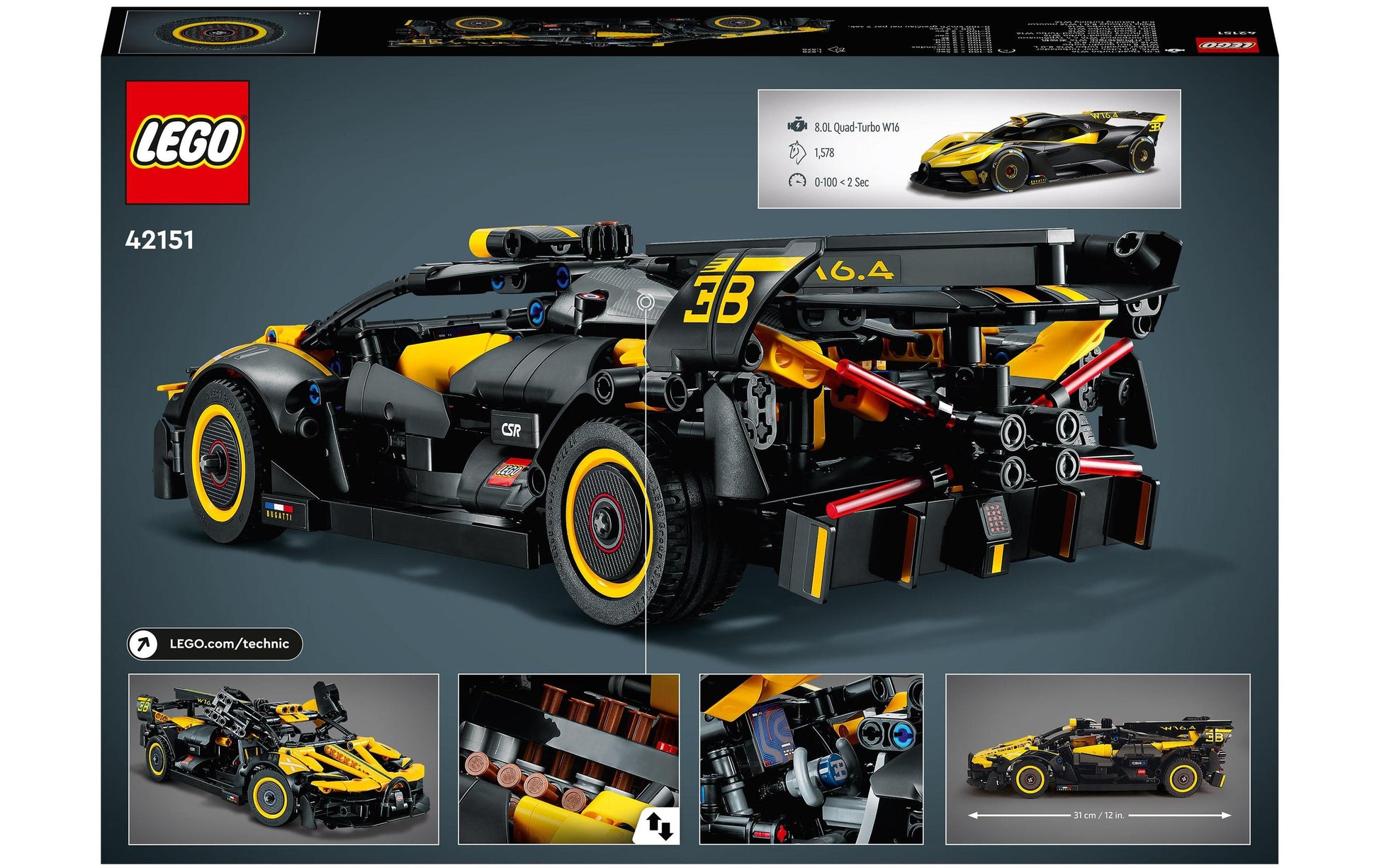 LEGO Technic Bugatti Bolide Bausatz – 905-teilig – 13 × 8 × 31 cm – ab 9 J.