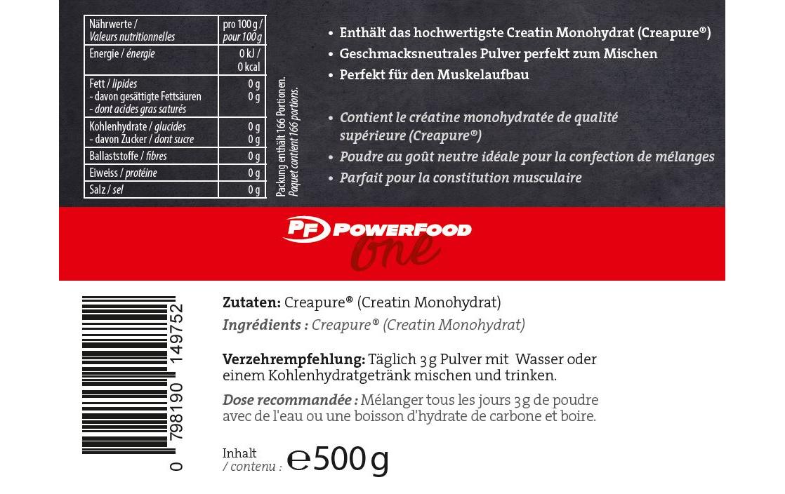 PowerFood Kreatinmonohydrat Pulver Neutral – laktosefrei – 500 g
