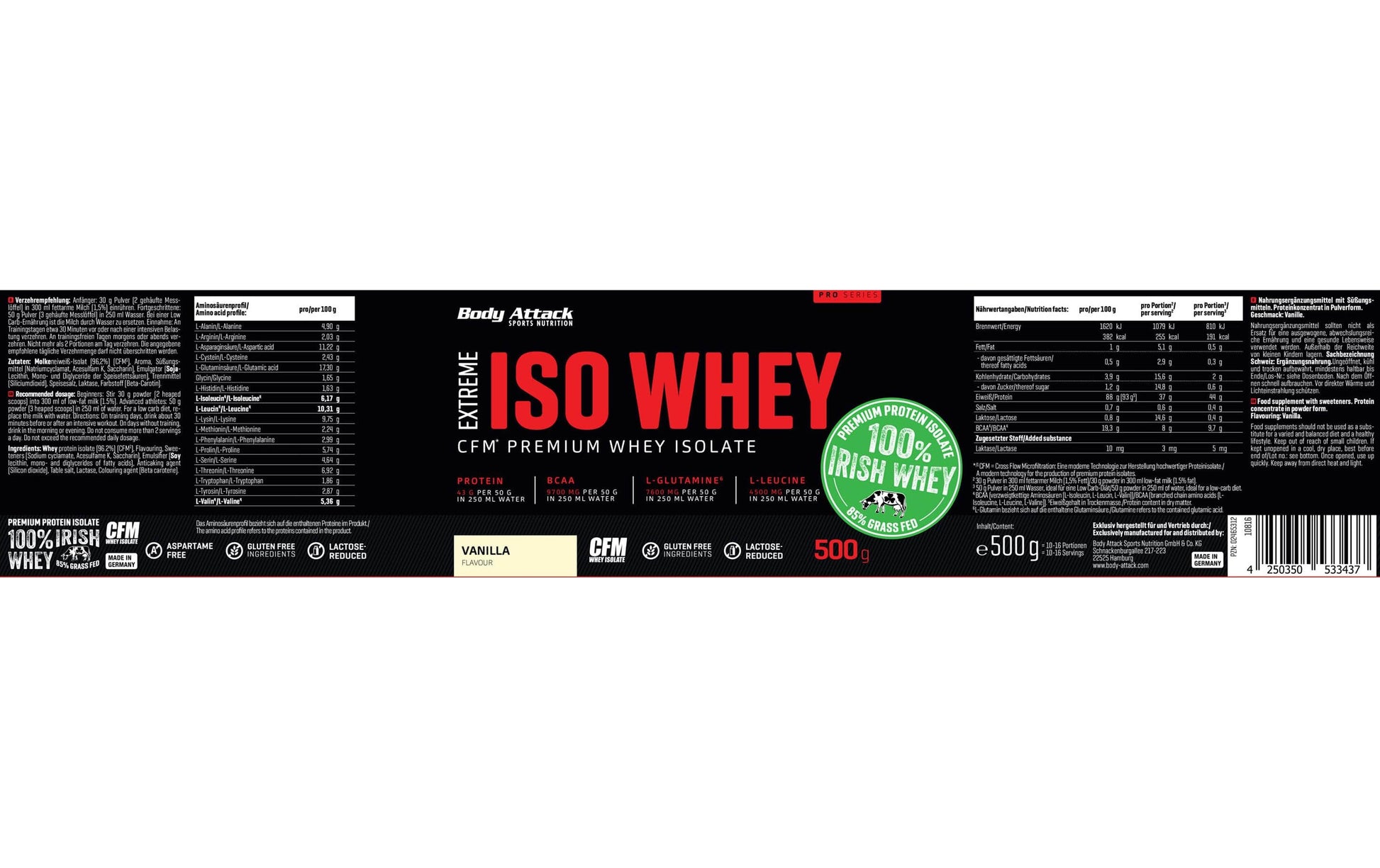 Body Attack Whey Protein Isolat Vanille – glutenfrei – 500 g