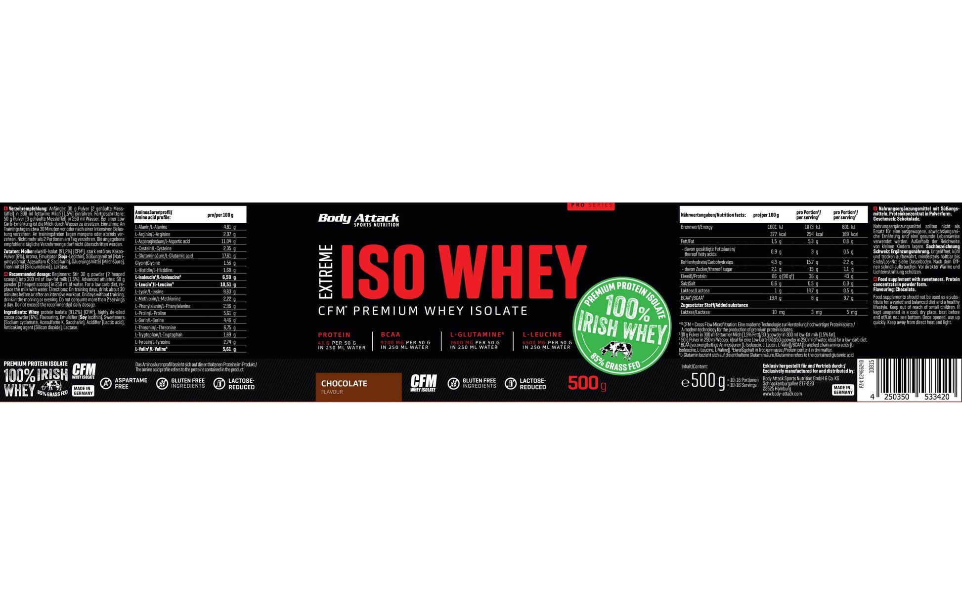 Body Attack Whey Protein Isolat Schokolade – glutenfrei – 500 g