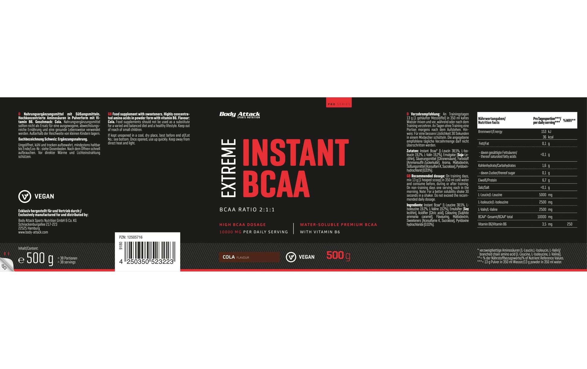Body Attack BCAA Pulver Extreme Instant Cola – glutenfrei, vegan – 500 g