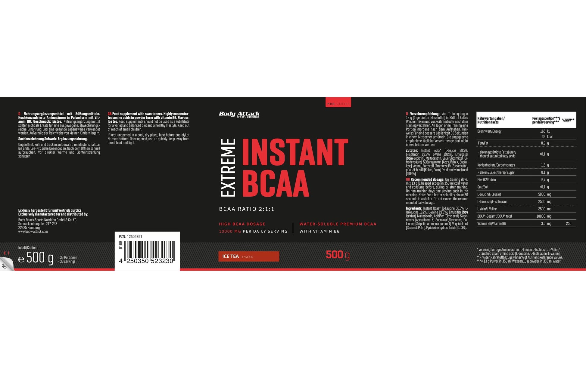 Body Attack Aminosäure-Pulver Ice Tea – glutenfrei, vegan – 500 g