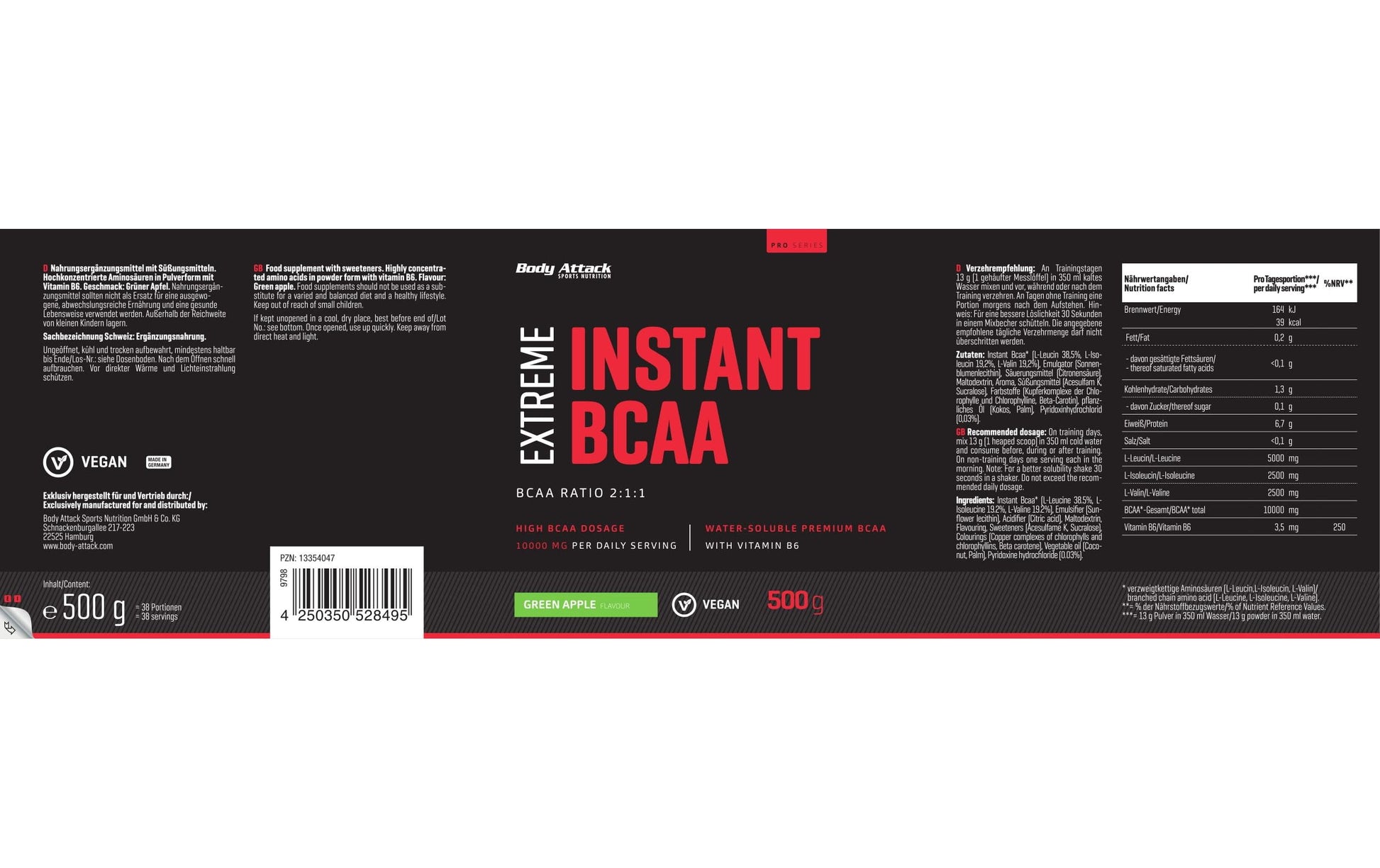Body Attack BCAA Pulver Instant Apfel – glutenfrei, vegan – 500 g