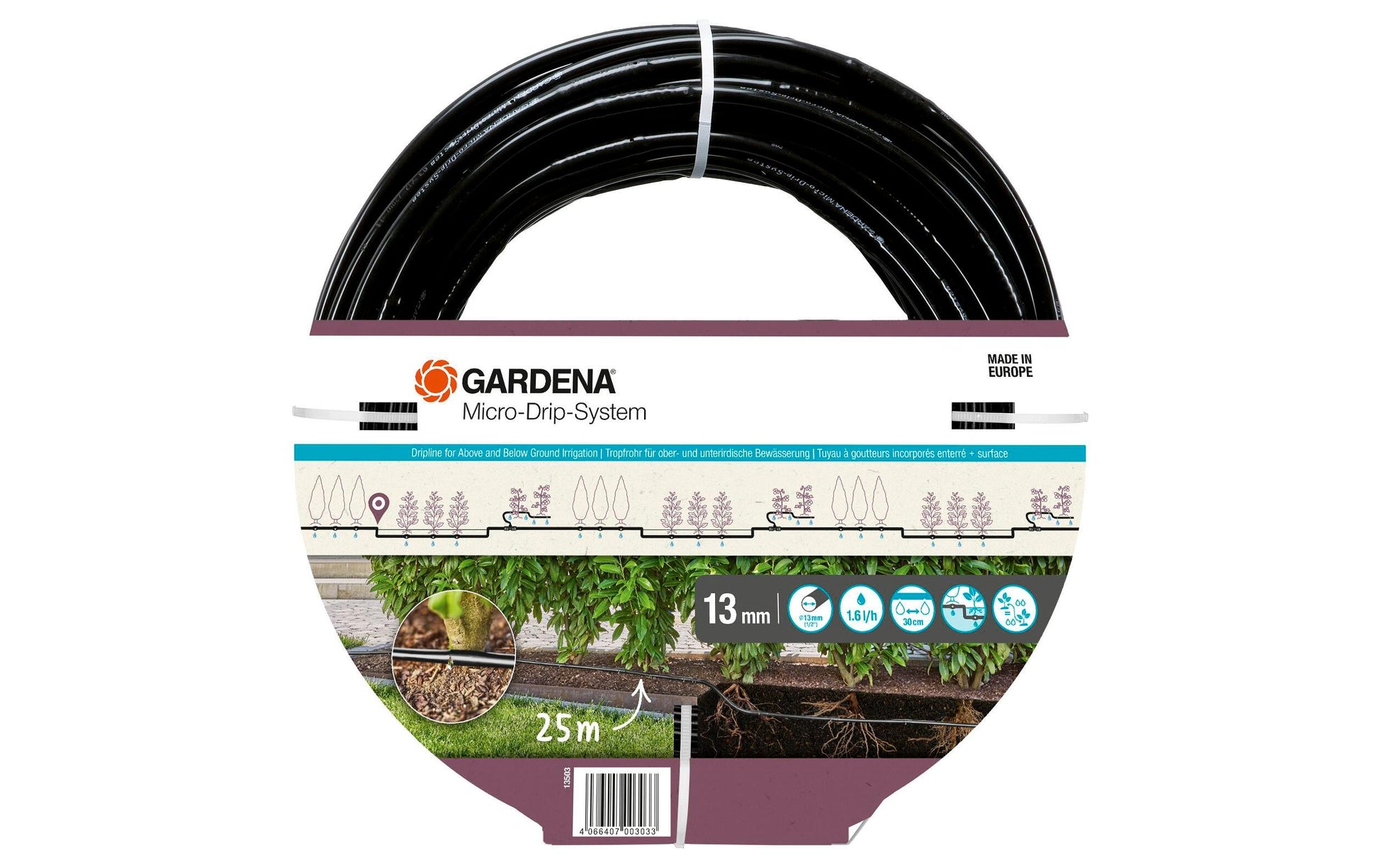 Gardena Tropfrohr 3, Ø 13 mm, 25 m, Schwarz, Kunststoff, für Micro-Drip-System