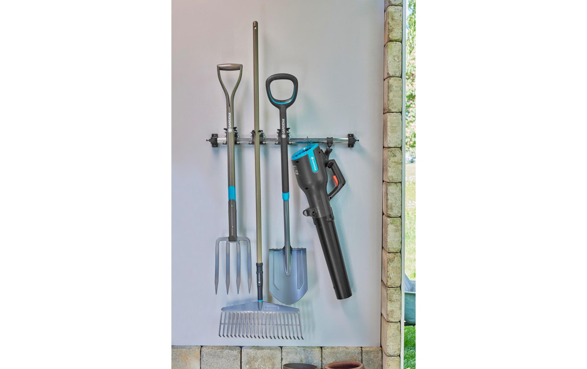 Gardena Halterung – Set Einzelhalter & Einzelhaken, grau/türkis, B 73 × H 135 × T 96 mm, für Universal
