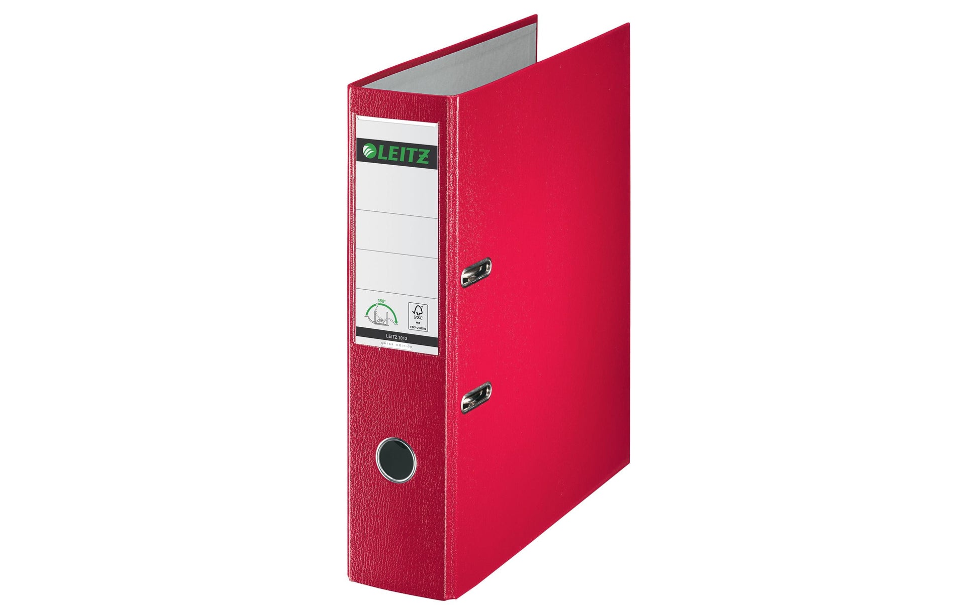 Leitz Ordner – A4 Hochformat – 2-Ring Hebelmechanik, Rücken 80 mm – Rot, Karton, mit Niederhalter, FSC