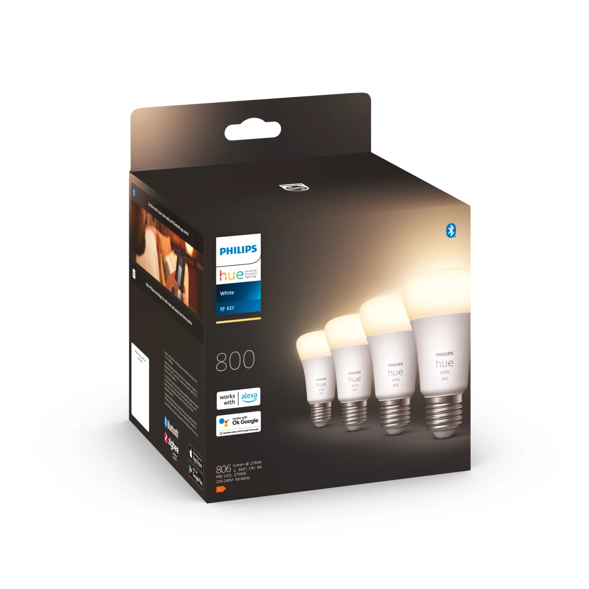 Philips by Signify Philips Hue Smart-Leuchtmittel E27 Weiss – 806 lm, 2700 K, App-Steuerung, dimmbar – 4er-Pack