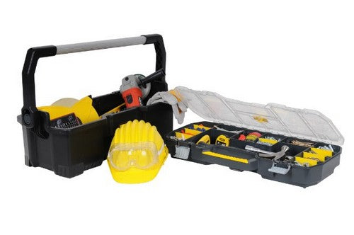 Stanley Werkzeugbox – mit Organizeraufsatz, abschliessbar, schwarz/transparent, B 670 × H 323 × T 251 mm