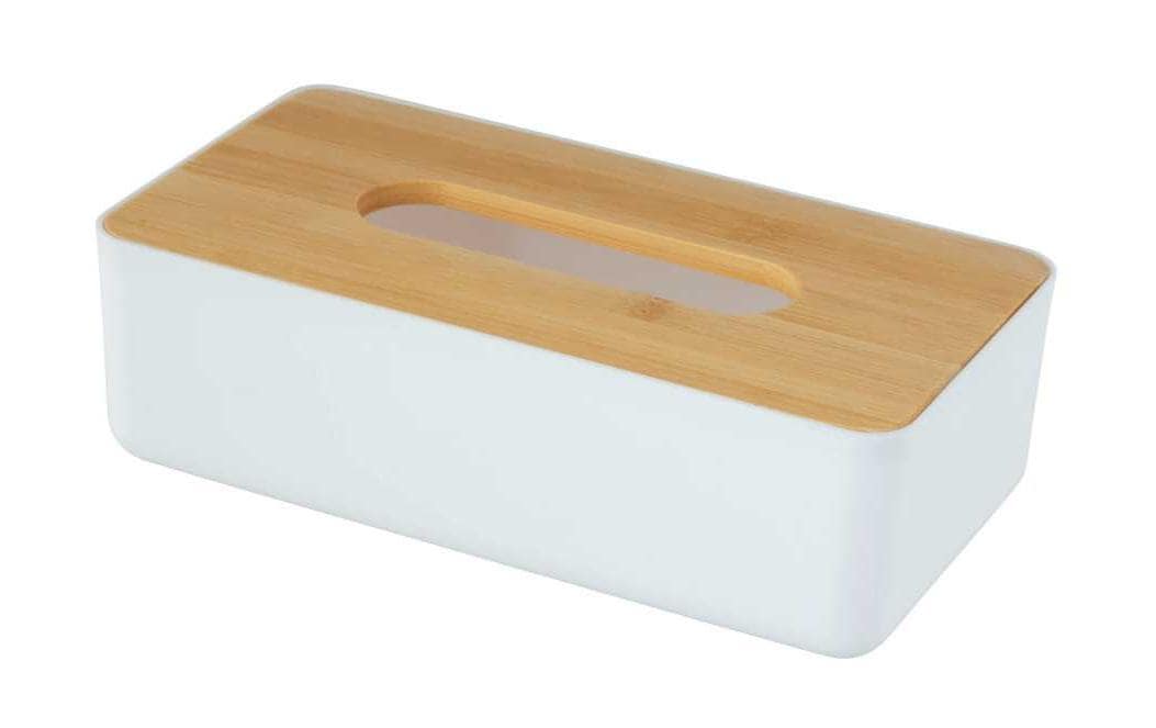 WENKO Kosmetiktuchbox Rotello – Tisch, Bambus/Kunststoff, 24×7,5 cm, Weiss/Natur
