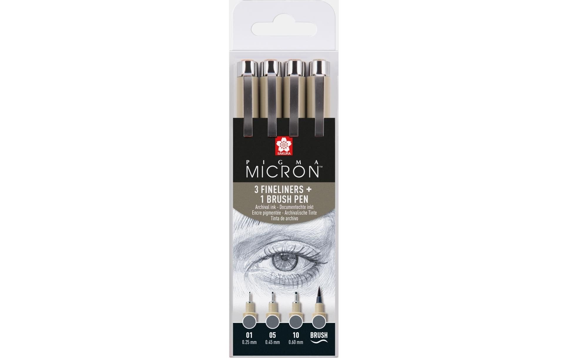 Sakura Pigma Micron Fineliner Set – 4 Stk., 0,45–0,6 mm, grau, wasserfest