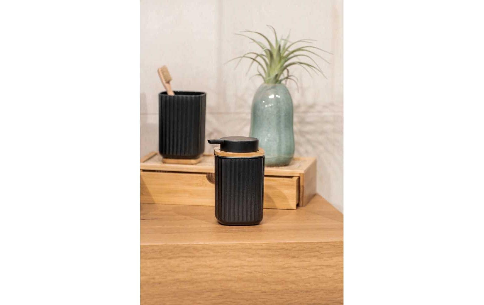 WENKO Zahnbürstenhalter Rotello – 8,6×8,6×11,1 cm, Bambus/Kunststoff, Schwarz/Holz