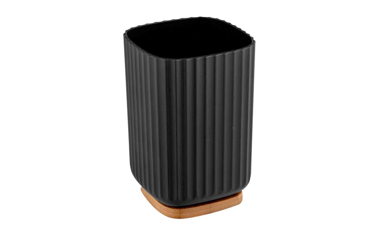 WENKO Zahnbürstenhalter Rotello – 8,6×8,6×11,1 cm, Bambus/Kunststoff, Schwarz/Holz