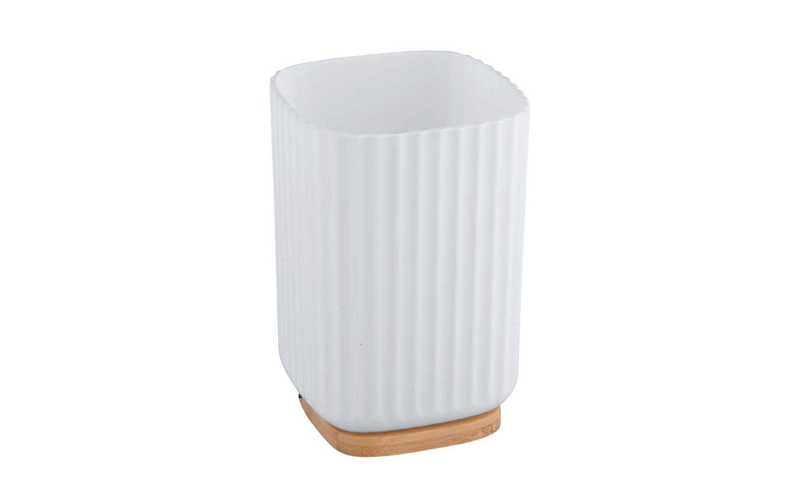 WENKO Zahnbürstenhalter (freistehend) – Bambus/Kunststoff, 8,6×8,6×11,1 cm, Weiss/Holz