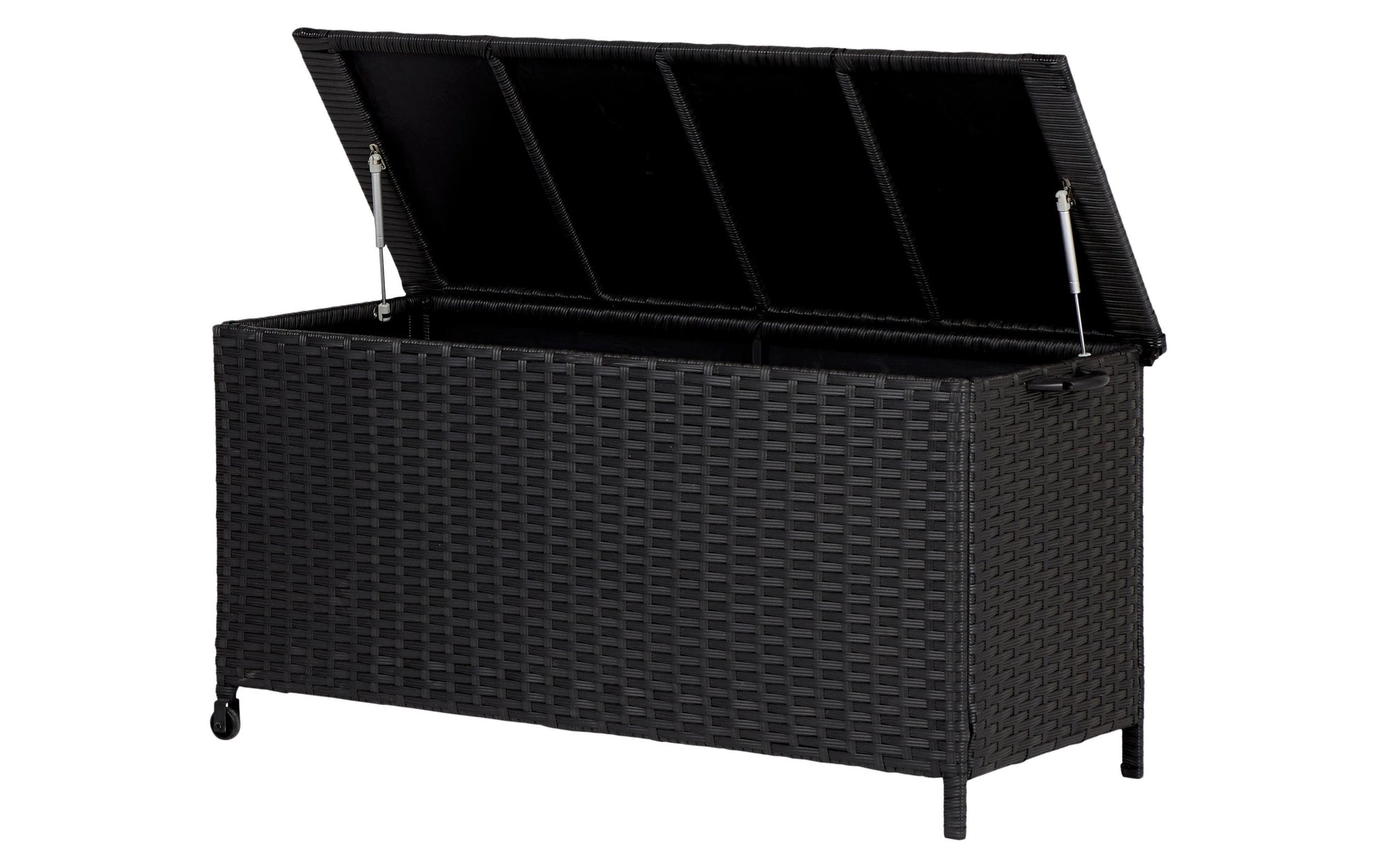 Cocon Aufbewahrungsbox 260 l – Rattan/Metall/PE/PP – Schwarz – mit Rollen – 1330 × 630 × 450 mm