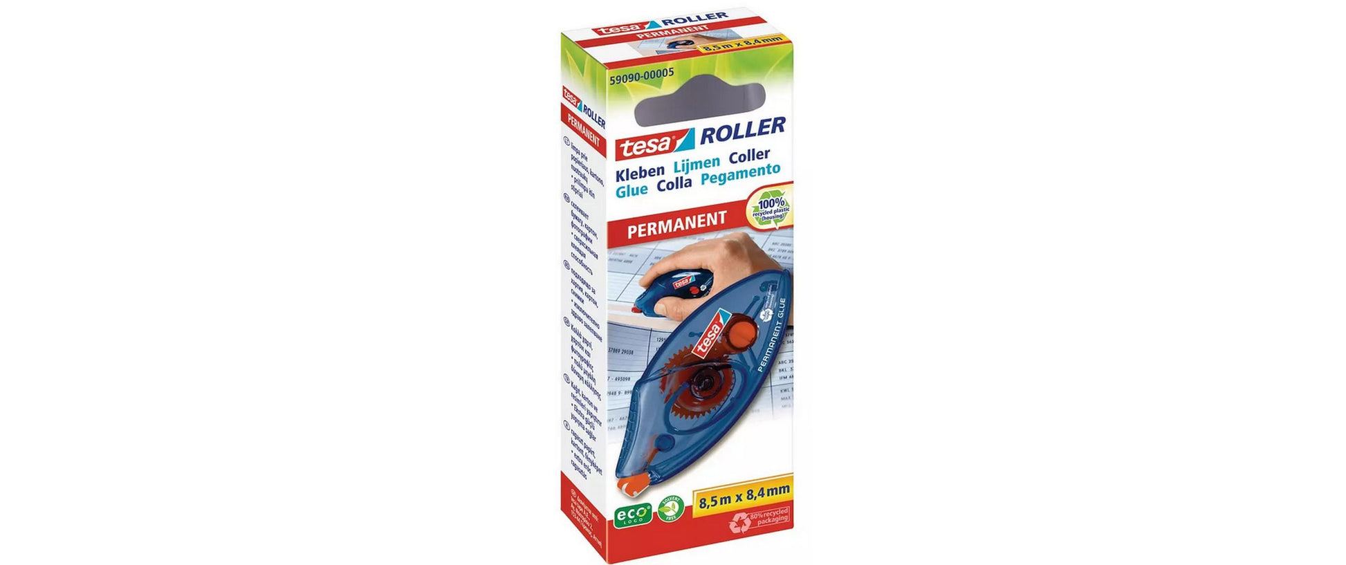 Tesa ecoLogo Permanenter Kleberoller – 8,4 mm × 8,5 m, 5 Stk., transparent