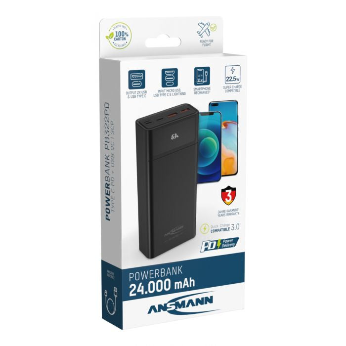 Ansmann Powerbank 24000 mAh, PD 22,5 W, 1× USB-C, 2× USB-A, mit LED-Display, für Smartphones, schwarz