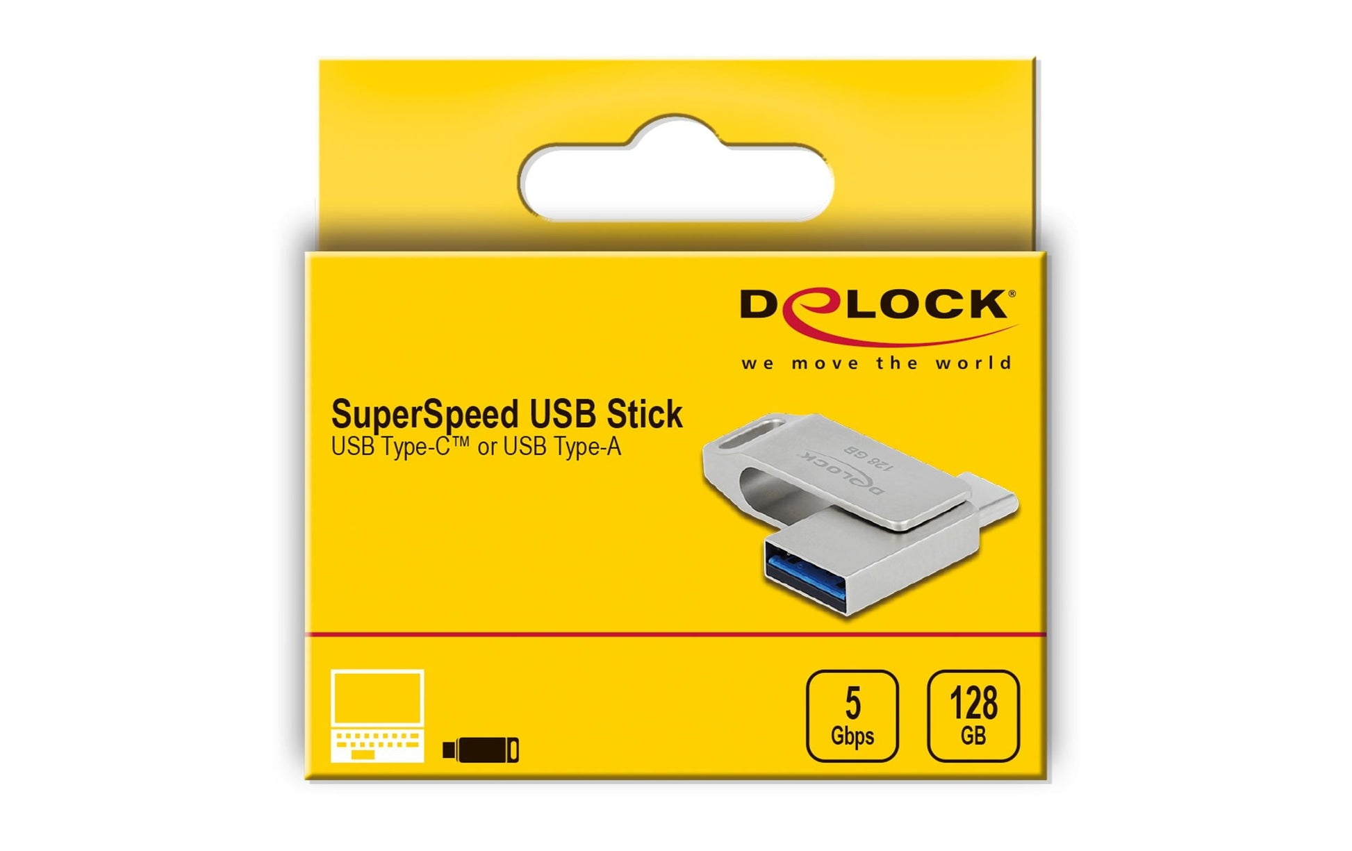 DeLOCK USB-Stick 128 GB – USB-A/USB-C USB 3.2 Gen 1, 71/54 MB/s, Drehring, Silber