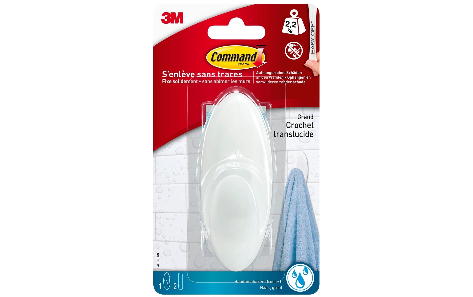 Command Haken BATH17-CF-1-FGN – Kunststoff, 2,2 kg, Klebestreifen, Weiss
