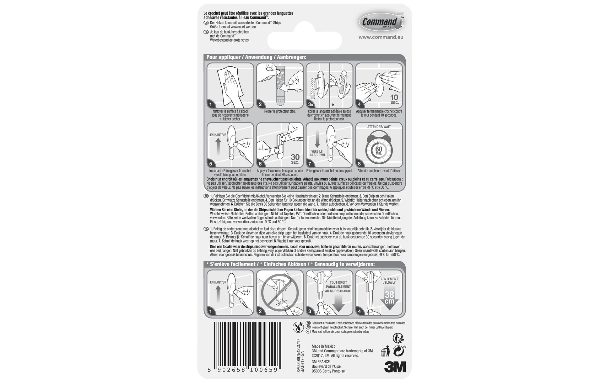 Command Haken BATH17-CF-1-FGN – Kunststoff, 2,2 kg, Klebestreifen, Weiss