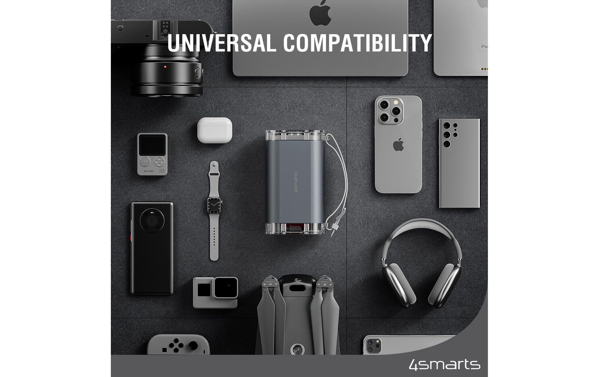 4smarts Powerbank 40000 mAh, 2× USB-C, 2× USB-A, Pass-Through, für Smartphones, Grau