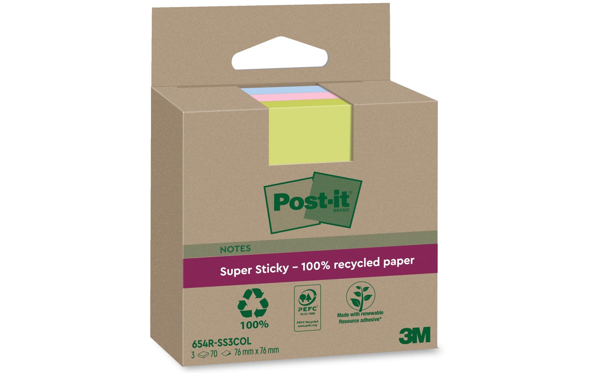 Post-it Haftnotizen Super Sticky – 76×76 mm – sortiert, 3×70 Blatt, PEFC