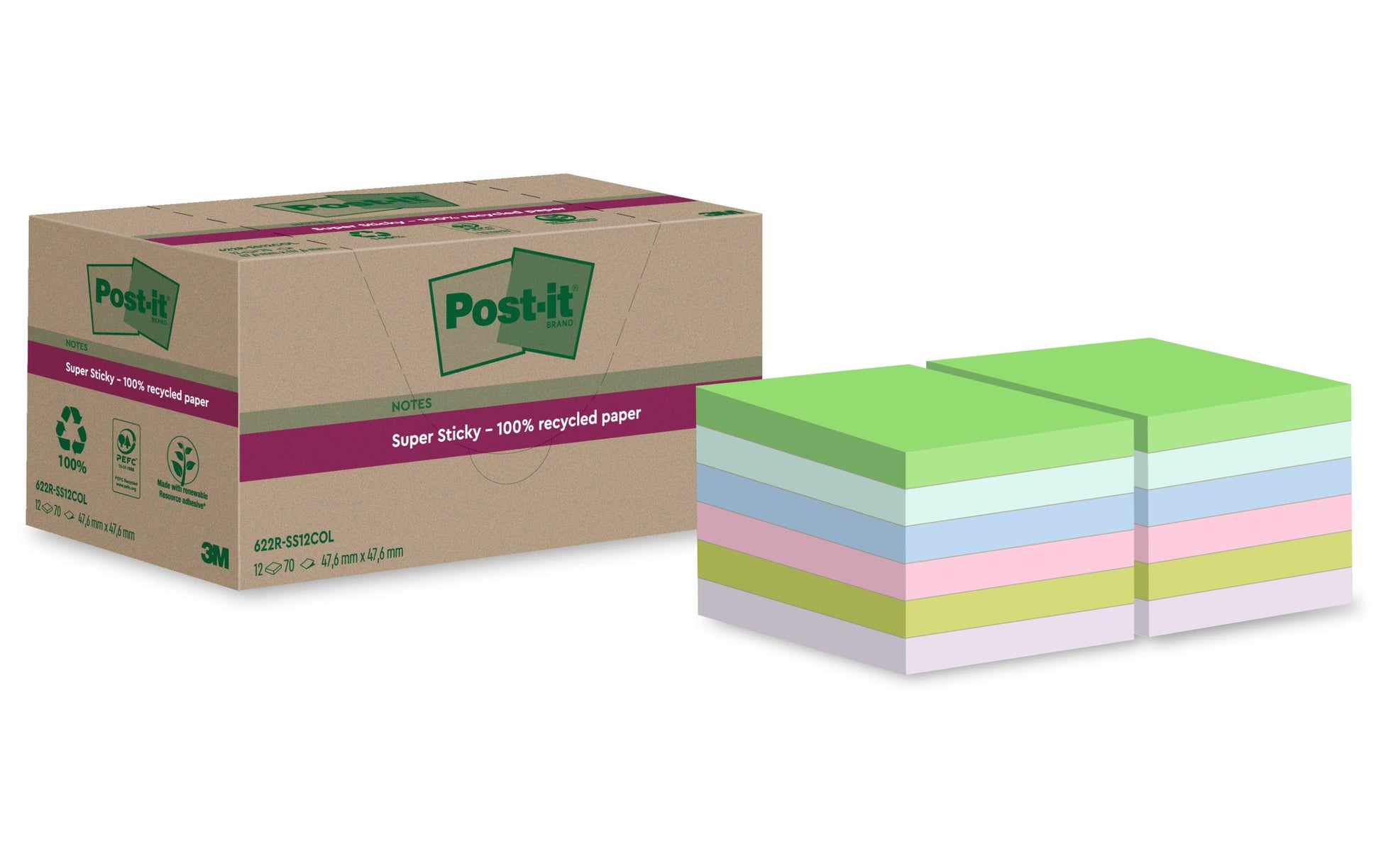 Post-it Haftnotizen Super Sticky – 47,6×47,6 mm – sortiert, 12×70 Blatt, PEFC