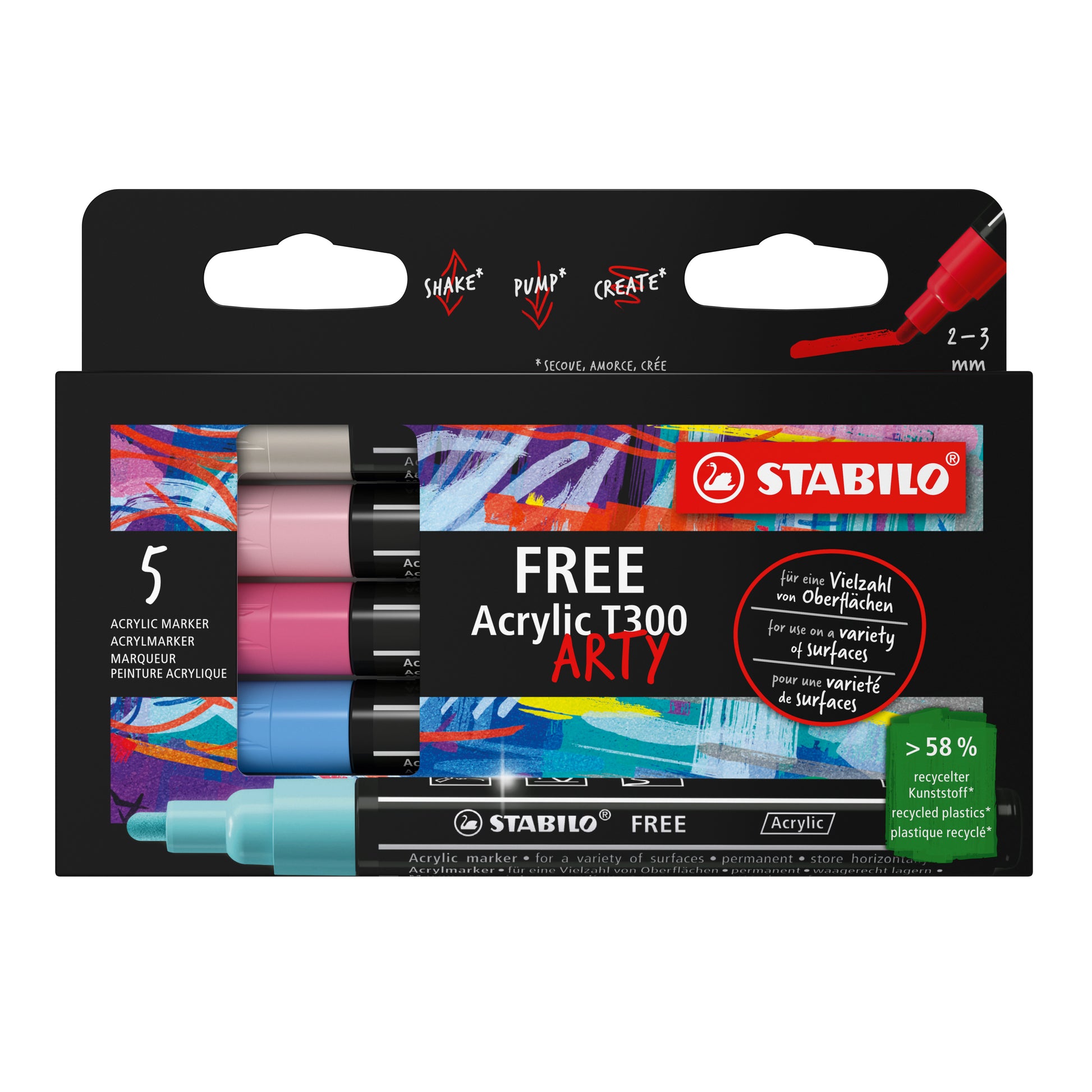 STABILO FREE Acryl T300 Acrylmarker – Rundspitze 2–3 mm – Candy, 5er-Set – für Stein