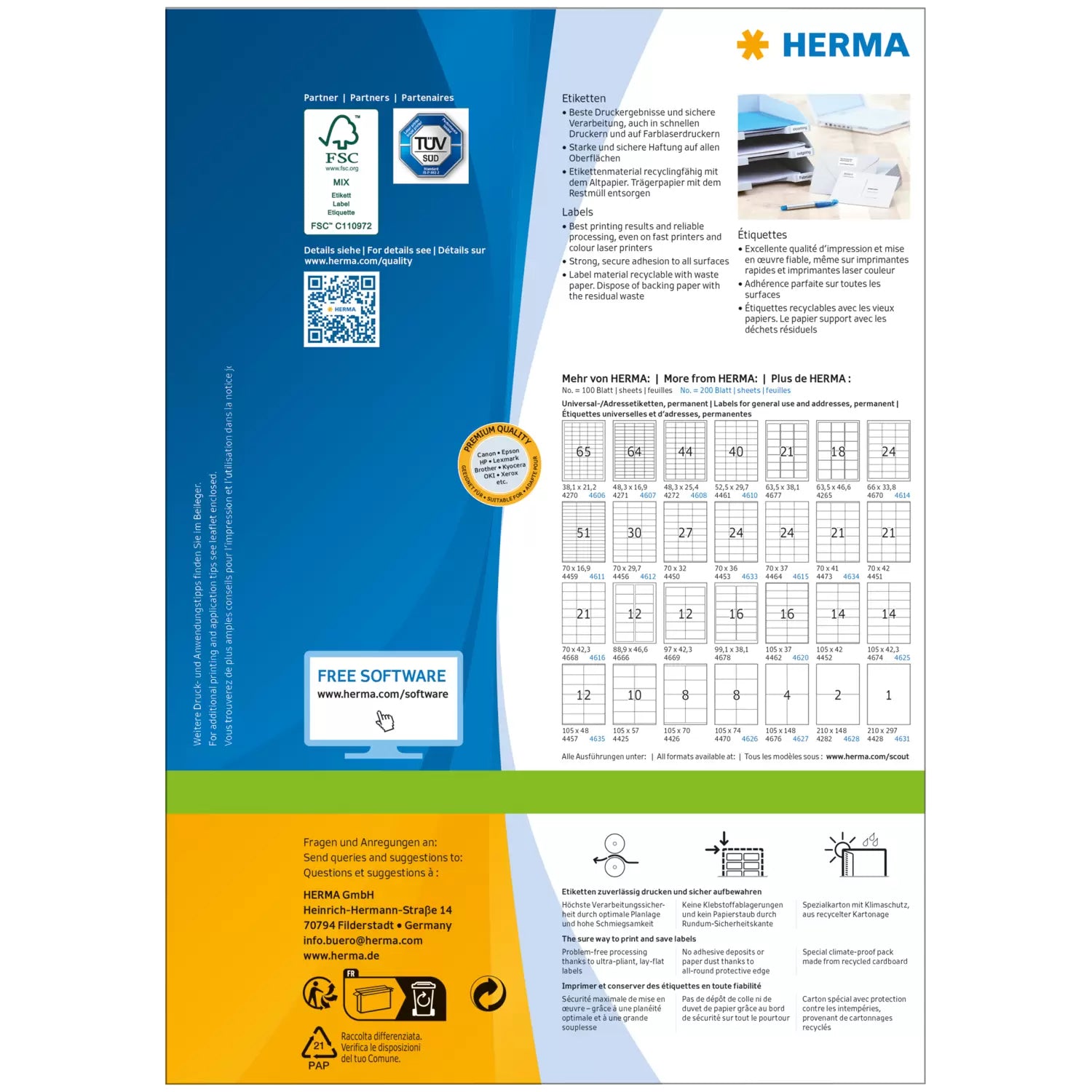 HERMA Druckeretiketten, A4, 70 mm × 297 mm, weiss, Papier, permanent, 300 Etiketten (100 Blatt)
