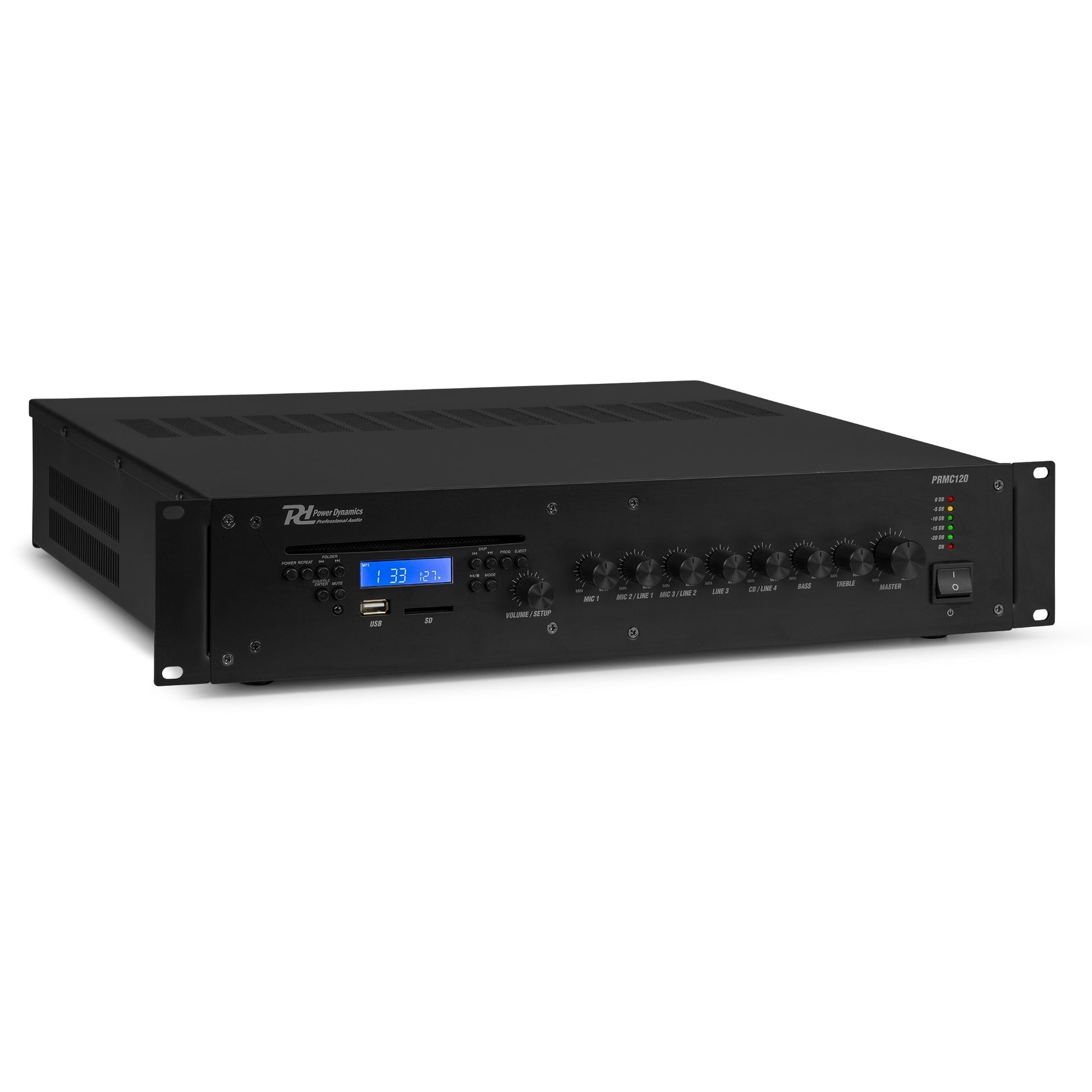 Power Dynamics PRC120 – Stereo-Vollverstärker, 120 W (8 Ω), RCA- & Mikrofoneingang, Schwarz