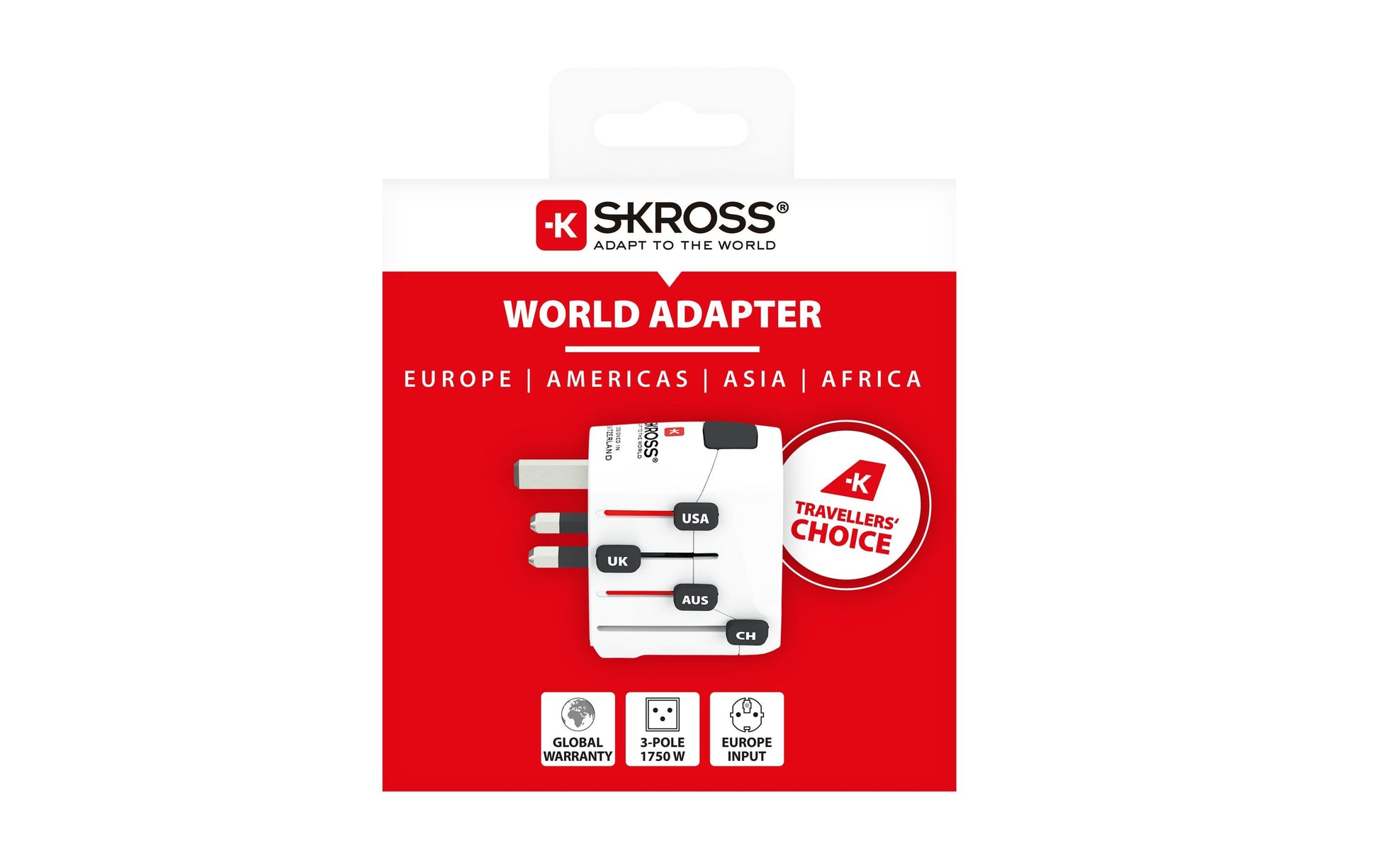 SKROSS – Reiseadapter – 100–250 V, 1750 W, 7 A, 3-polig (geerdet) – von USA nach Europa – weiss – 55×58×72 mm