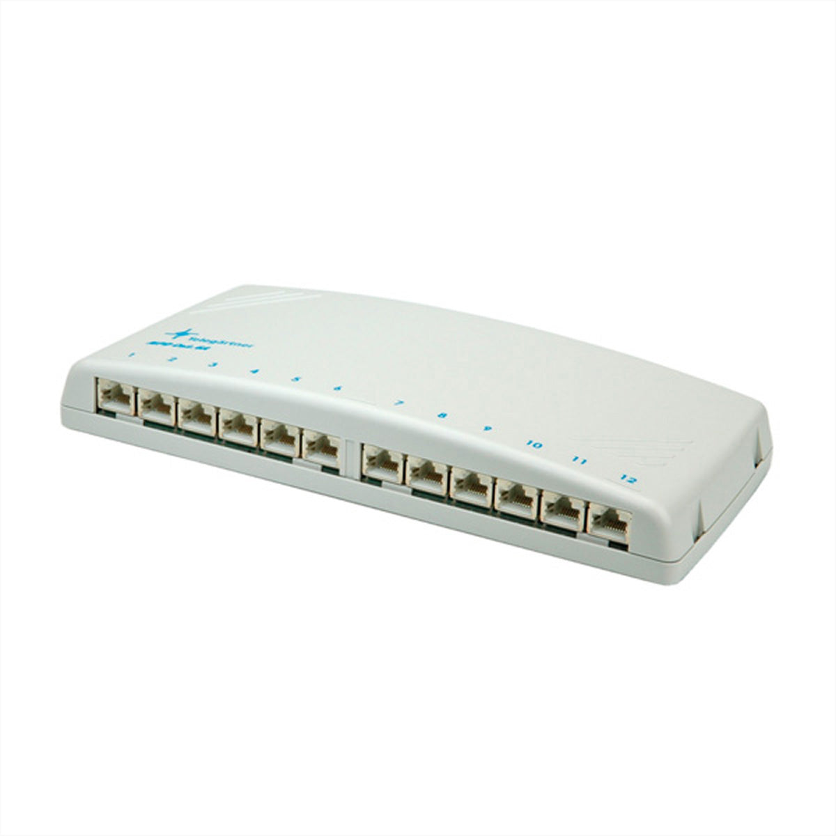 Telegärtner MPD12 Patchpanel Cat.6A Klasse EA, 12×RJ-45, geschirmt, LSAplus, Aufputz, 255×118×34 mm – Grau