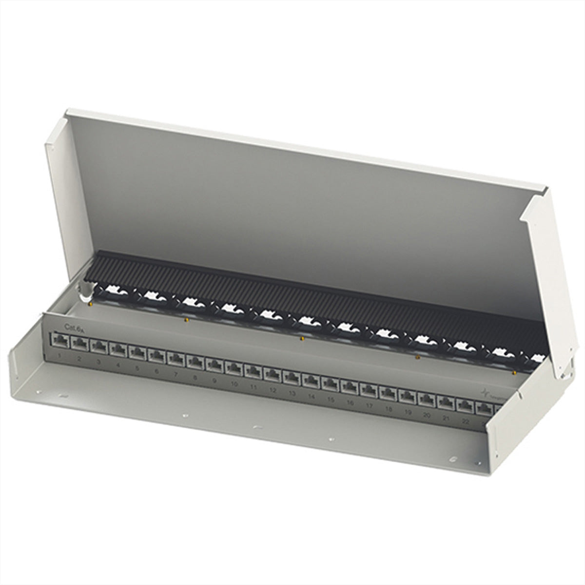 Telegärtner Mini-Verteiler MPD24 – Patchpanel Cat.6A (Klasse EA), 24× RJ-45, geschirmt, Aufputz, Reinweiss (RAL)