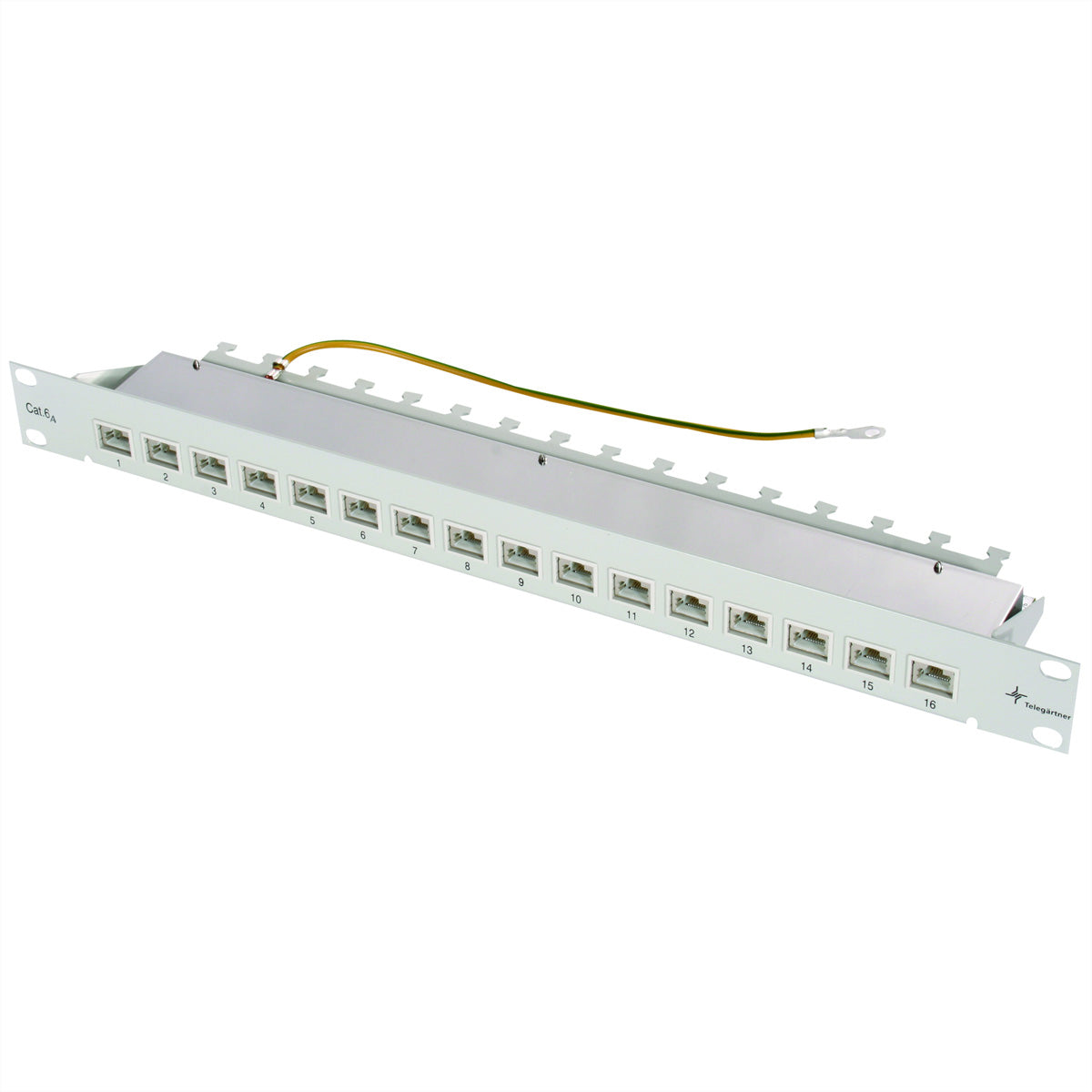 Telegärtner MPP16 – Patchpanel Cat.6A (Klasse EA) – 16× RJ‑45, 19", 1U, Geschirmt, Grau