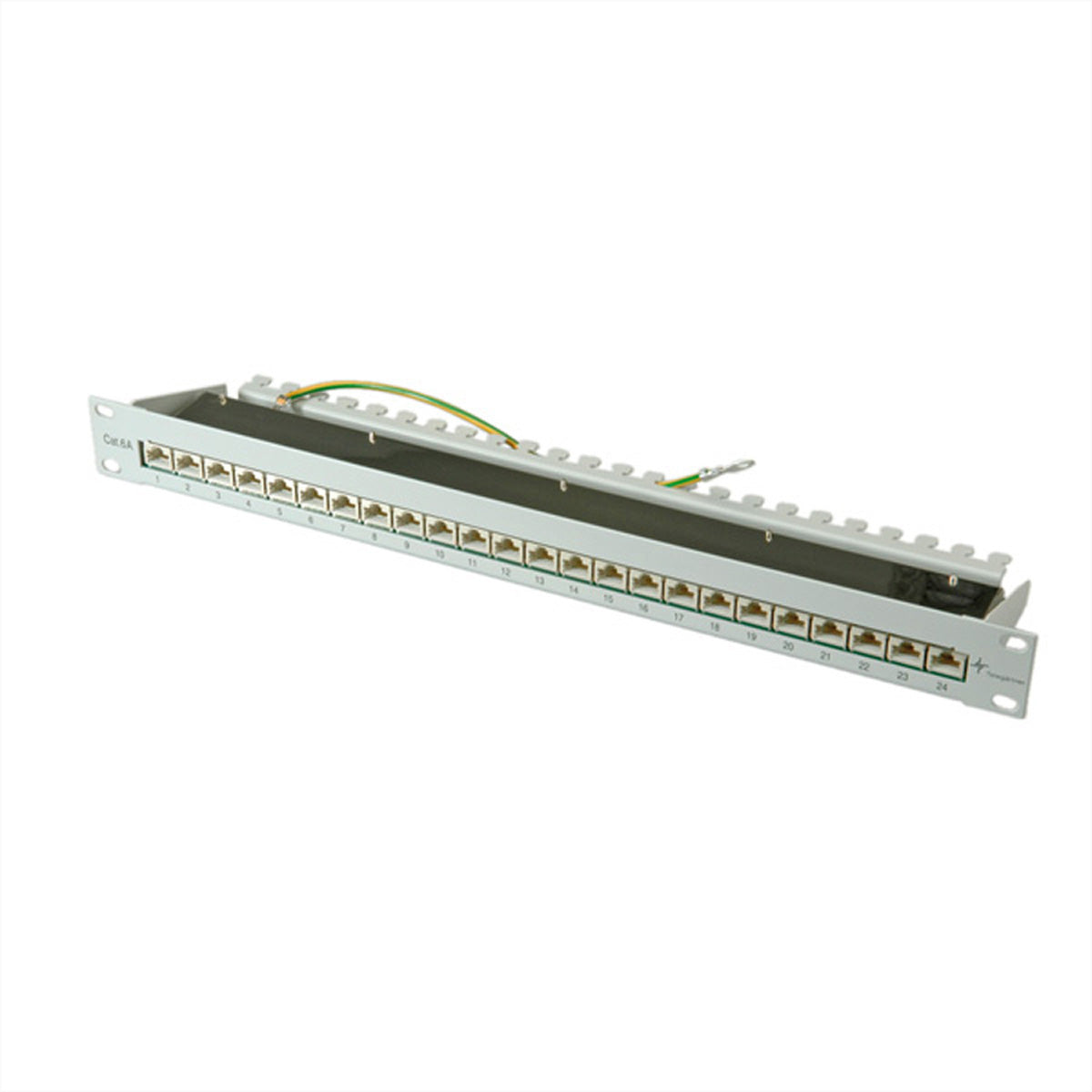 Telegärtner Patchpanel MPP24 – Cat.6A (Klasse EA) – 24× RJ‑45, geschirmt, 19", 1U, grau