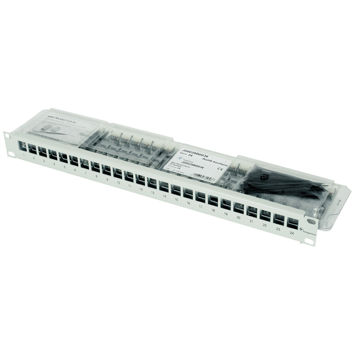 Telegärtner Modulträger 1U – Patchpanel Cat.6A (Klasse EA), 24× AMJ (RJ‑45), geschirmt, 19", grau