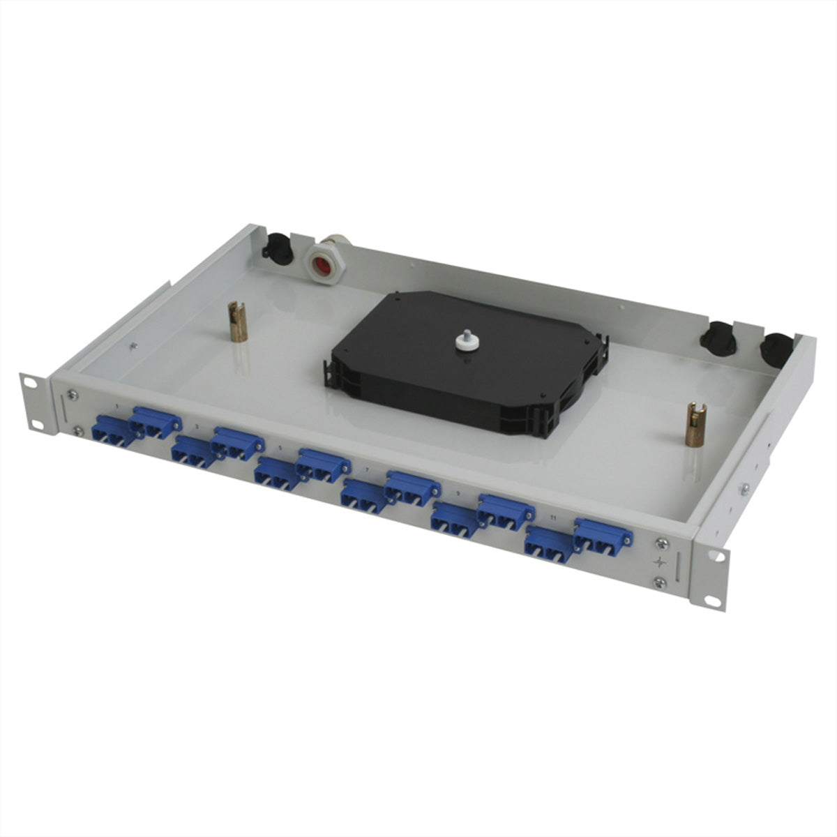 Telegärtner 19" LWL-Patchpanel – 12× LC-Duplex, Spleisskassette (max. 24 Fasern), 1 HE, lichtgrau (RAL 7035)