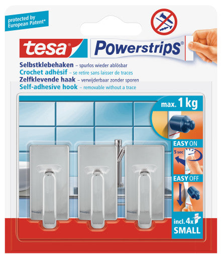 Tesa Powerstrips Haken Small wiederablösbar – 3 Stk., silber, für drinnen
