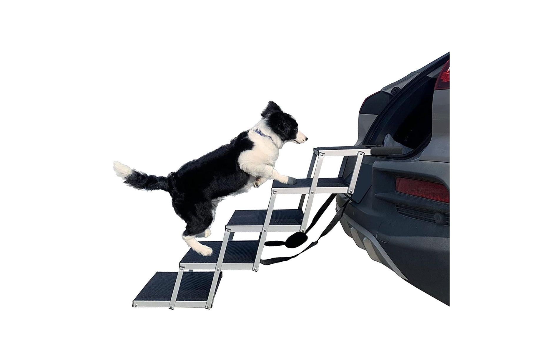 SwissPet Hundetreppe – 5 Stufen, zusammenklappbar, bis 68 kg – 93 × 43 × 63,5 cm – Schwarz/Silber